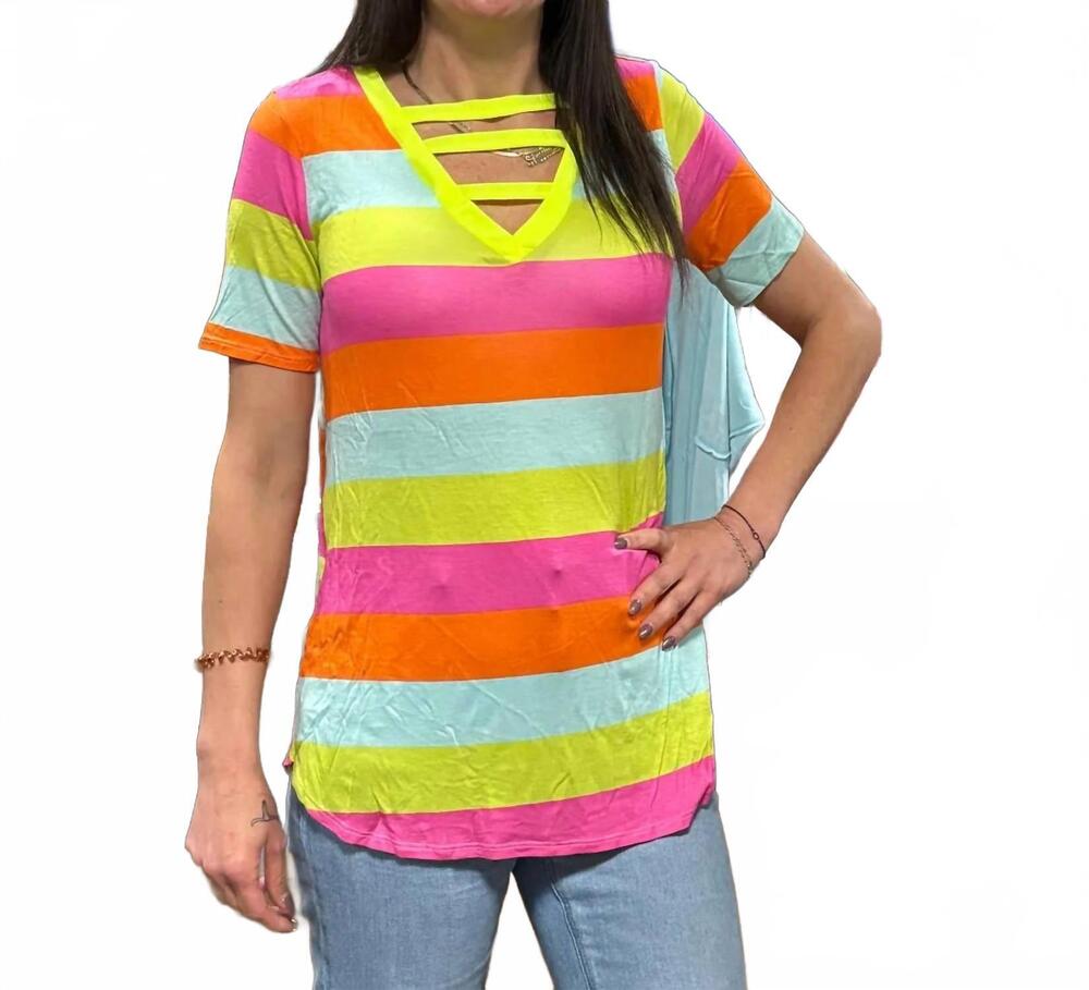 NEW BIBI neon striped v-neck tee in multi